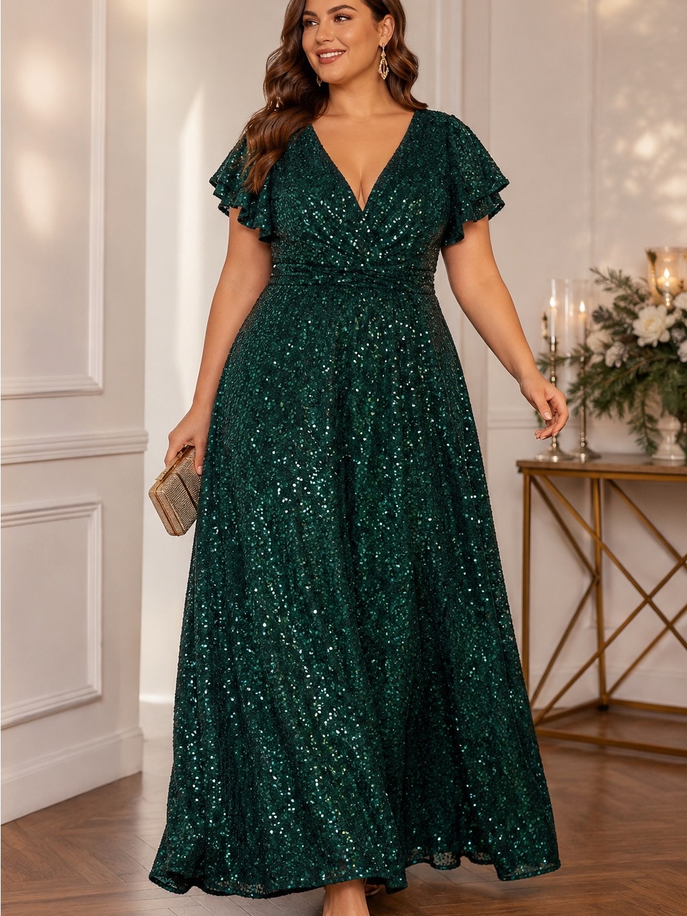 Elegant Emerald Green Sequin V-Neck Evening Gown